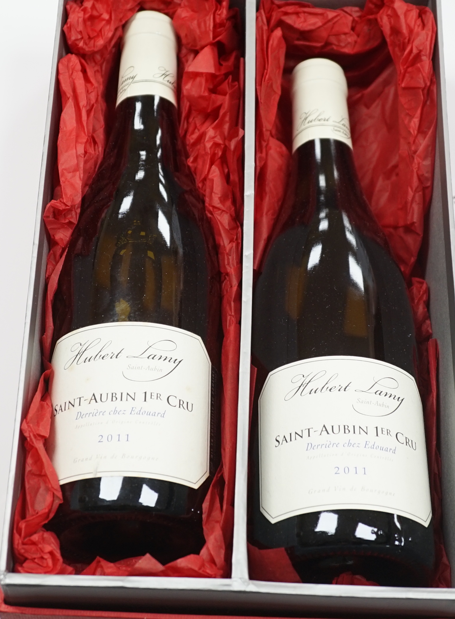 Two bottles of Hubert Lamy Saint-Aubin 1er Cru Derriere chez Edouard 2011 Bourgogne
